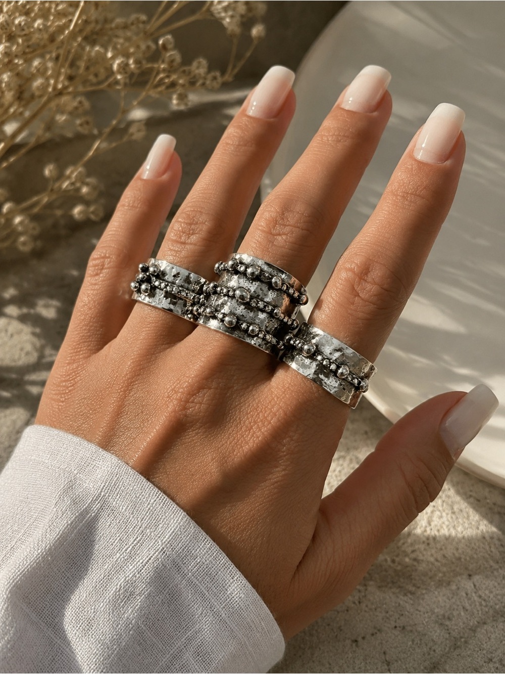 Stackable Silver Textured Beaded Rings -adjustable